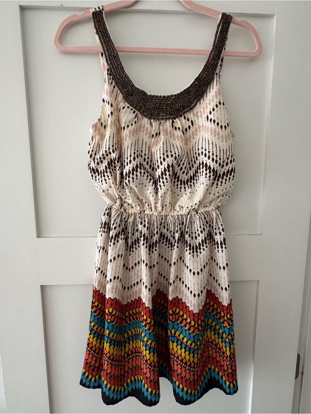 Three Pink Hearts Cream Multicolor Beaded-Neck Sleeveless Sundress      SZ XS